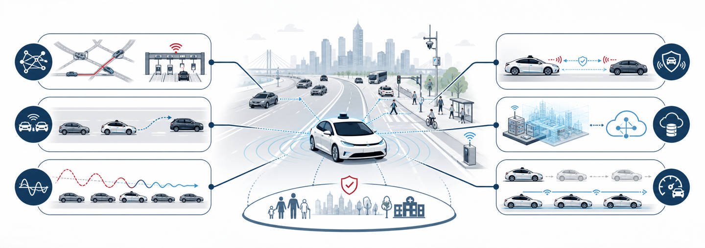 Concept map of intelligent vehicle operations and control across traffic management, cooperative maneuver planning, traffic stability, V2V safety, digital infrastructure, and adaptive longitudinal control