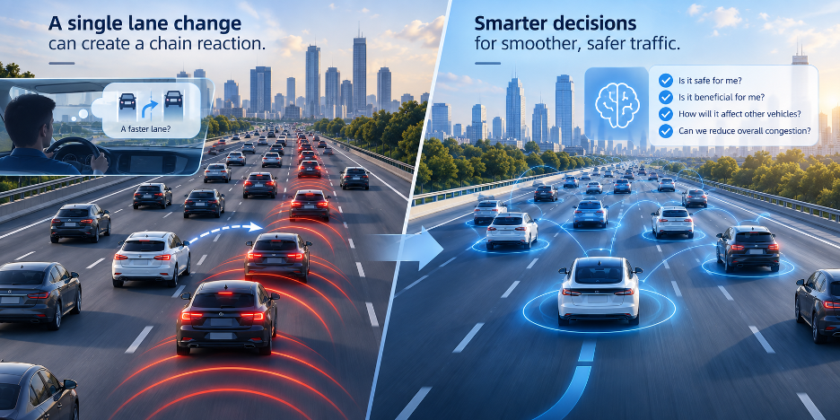 A single lane change creates traffic ripples, while system-aware decisions support smoother, safer traffic